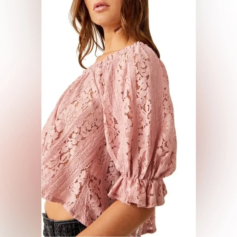 NEW Free People Stacey Lace Blush Tint Puff Sleeve Top Blouse Cropped Flowy